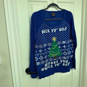 Blue Holiday Sweater with Christmas Tree Design